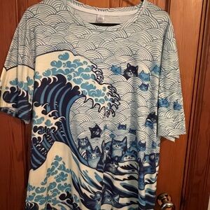 Wave and Cat Print T-Shirt